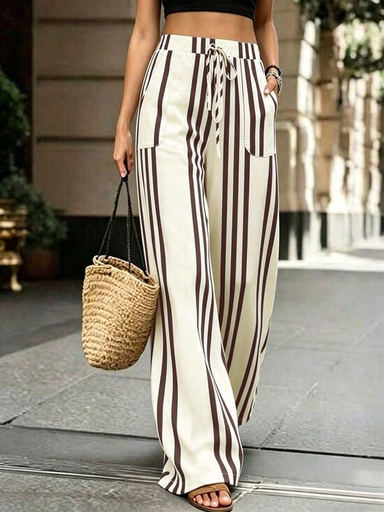 MODA ME COUTURE Pants - Brown Casual Women's Striped Wide Leg Trousers